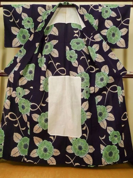 Photo2: K0421B Vintage Japanese women   Indigo Blue Pour Dyed Yukata / Cotton. Flower   (Grade C) (2)