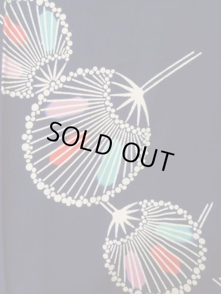 Photo4: K0421D Used Japanese   Indigo Blue Pour Dyed Yukata / Cotton.  paper fan pattern  (Grade D) (4)