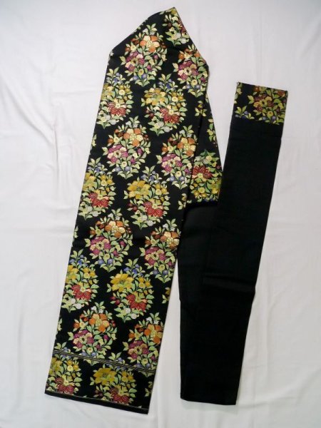 Photo1: Mint K0512Q Vintage Japanese Kimono   Black NAGOYA OBI sash Flower Silk. (1)