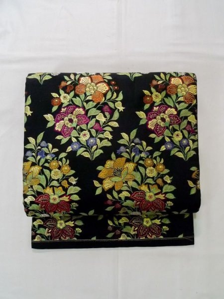 Photo2: Mint K0512Q Vintage Japanese Kimono   Black NAGOYA OBI sash Flower Silk. (2)