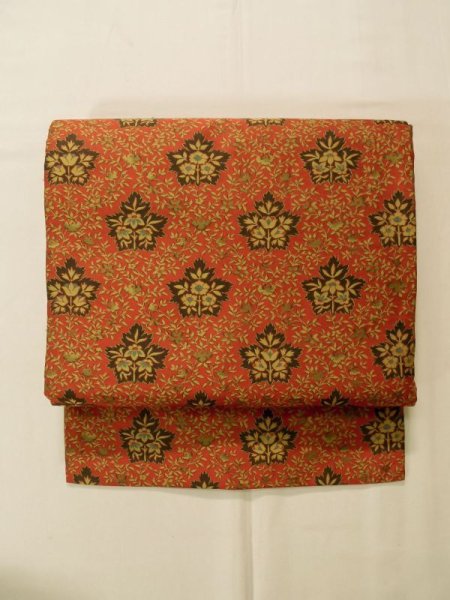 Photo2: K0512Y Vintage Japanese Kimono   Orange NAGOYA OBI sash Flower Silk. (2)