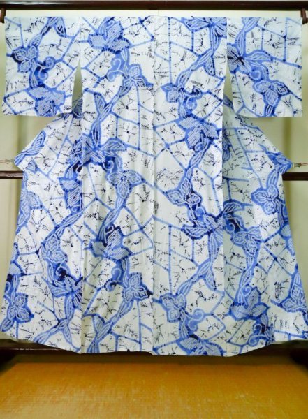 Photo1: K0526C Used Japanese   Blue YUKATA summer(made in Japan) / Cotton. Leaf, Arimatsu-Shibori, made in 1980-1990  (Grade C) (1)