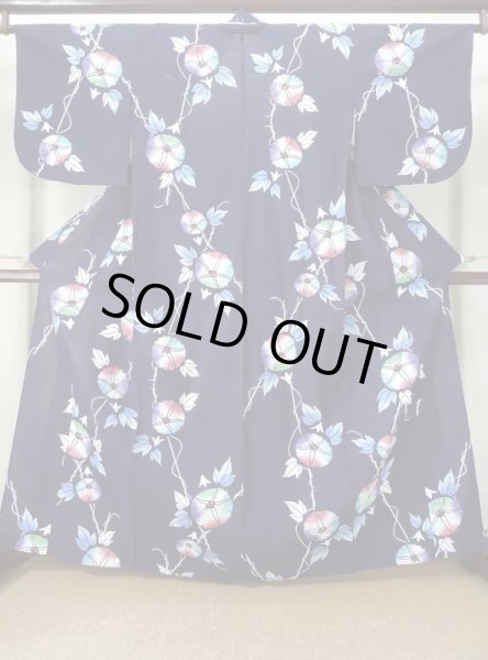 Photo1: K0526P Used Japanese   Indigo Blue Pour Dyed Yukata / Cotton/hemp  morning glory pattern, made in 1970-1980  (Grade C) (1)