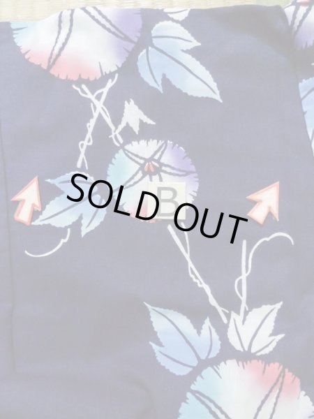 Photo16: K0526P Used Japanese   Indigo Blue Pour Dyed Yukata / Cotton/hemp  morning glory pattern, made in 1970-1980  (Grade C) (16)