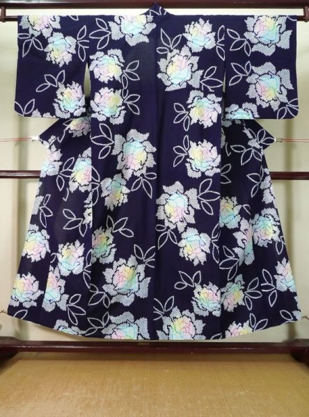 Photo1: K0526T Used Japanese   Indigo Blue Pour Dyed Yukata / Cotton. Flower, made in 1970-1980  (Grade B) (1)