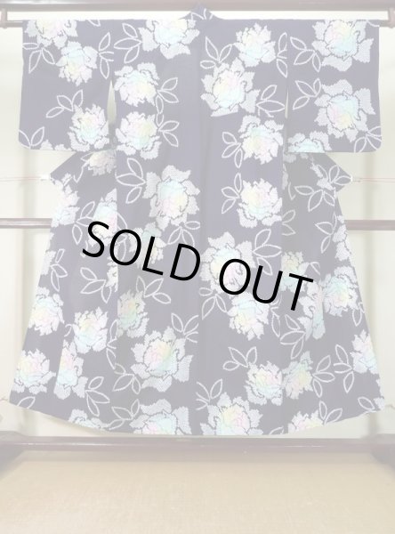 Photo2: K0526T Used Japanese   Indigo Blue Pour Dyed Yukata / Cotton. Flower, made in 1970-1980  (Grade B) (2)