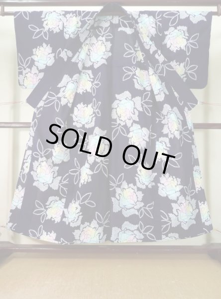 Photo3: K0526T Used Japanese   Indigo Blue Pour Dyed Yukata / Cotton. Flower, made in 1970-1980  (Grade B) (3)