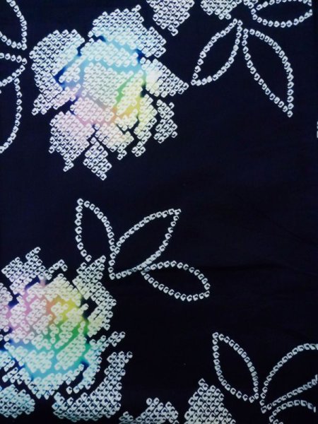 Photo4: K0526T Used Japanese   Indigo Blue Pour Dyed Yukata / Cotton. Flower, made in 1970-1980  (Grade B) (4)