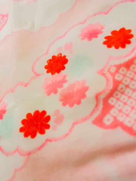 Photo9: K0602J Used Japanese   Pink JUBAN undergarment / Cotton. Flower, w/ hand embroidary half collar, fluorescent pink  (Grade B) (9)