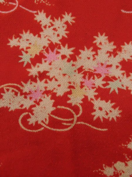 Photo6: K0603D Used Japanese   Red JUBAN undergarment / Silk. Flower, For kids  (Grade C) (6)