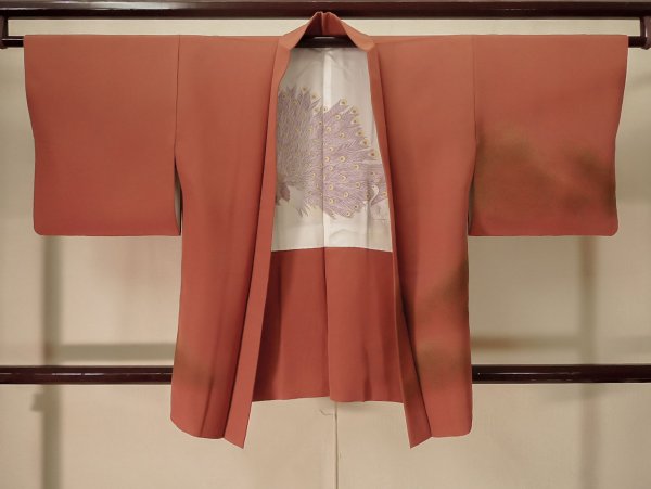 Photo1: K0616G Used Japanese Pale  Orange HAORI short jacket / Silk. Abstract pattern peacock motif on the lining  (Grade A) (1)