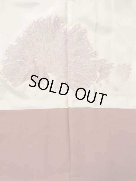 Photo3: K0616G Used Japanese Pale  Orange HAORI short jacket / Silk. Abstract pattern peacock motif on the lining  (Grade A) (3)