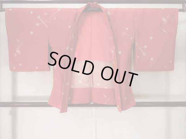 Photo1: K0617C Used Japanese   Red HAORI short jacket / Synthetic.  ball, Hairpin, Windmill, umbrella, Thread winding  (Grade C) (1)