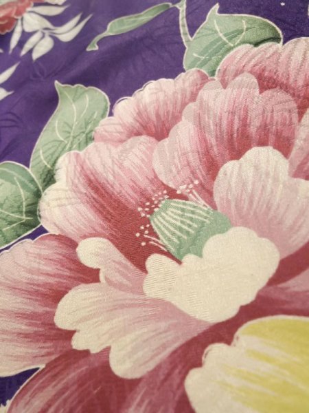 Photo9: K0708D Used Japanese   Purple HAORI short jacket / Silk. Peony,   (Grade C) (9)
