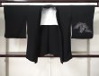 Photo1: Mint K0712B Used Japanese   Black HAORI short jacket / Silk. Peony, strip paper pattern  (Grade A) (1)