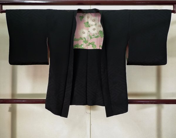 Photo1: K0714B Used Japanese   Black HAORI short jacket / Silk. UME plum bloom,   (Grade A) (1)