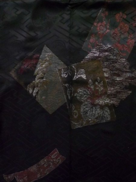 Photo3: K0714B Used Japanese   Black HAORI short jacket / Silk. UME plum bloom,   (Grade A) (3)