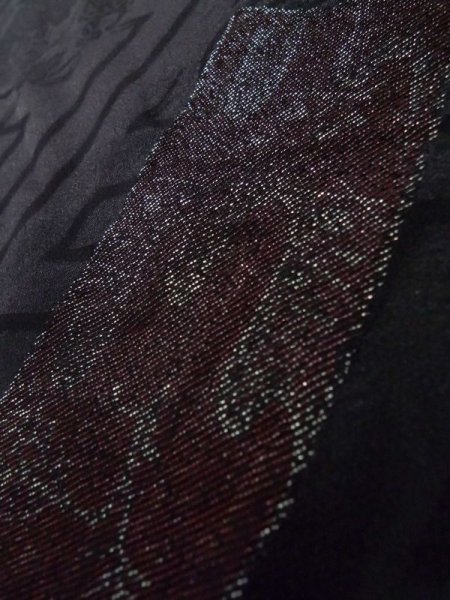 Photo8: K0714B Used Japanese   Black HAORI short jacket / Silk. UME plum bloom,   (Grade A) (8)