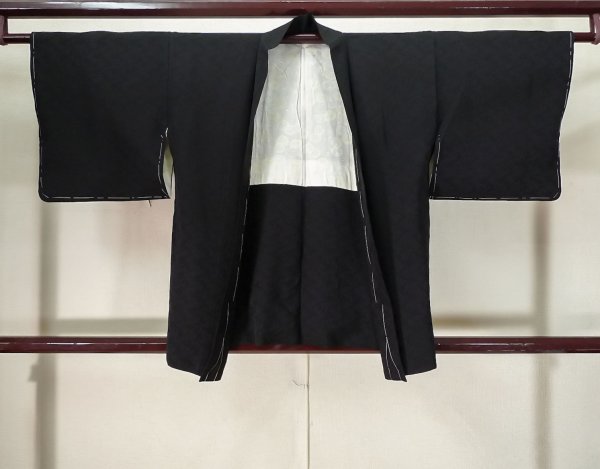 Photo1: K0714J Used Japanese   Black HAORI short jacket / Silk.    (Grade C) (1)