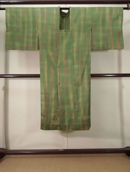 Photo1: K0715B Used Japanese Pale  Green MICHIYUKI outer coat / Silk. Plaid Checks,   (Grade D) (1)
