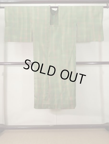 Photo1: K0715B Used Japanese Pale  Green MICHIYUKI outer coat / Silk. Plaid Checks,   (Grade D) (1)