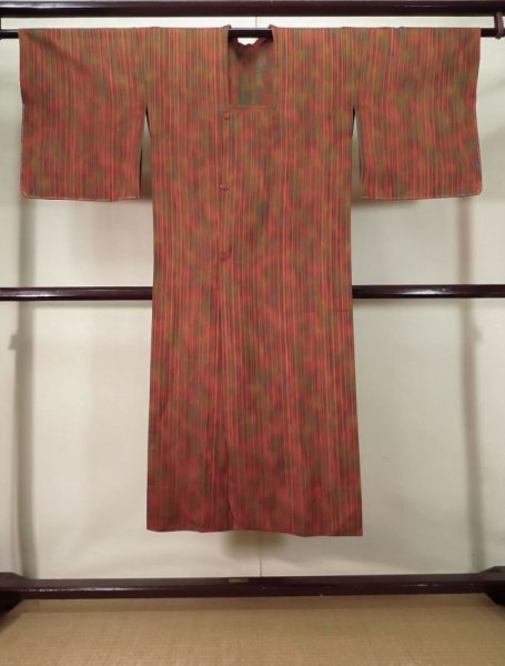 Photo1: Mint K0715D Used Japanese   Orange MICHIYUKI outer coat / Silk. Stripes,   (Grade A) (1)