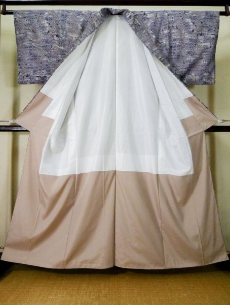 Photo2: Mint K0728E Used Japanese   Purple KOMON dyed / Synthetic. Quadrangle,   (Grade A) (2)