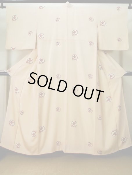 Photo1: K0728F Used Japanese   Cream KOMON dyed / Silk. Flower,   (Grade B) (1)