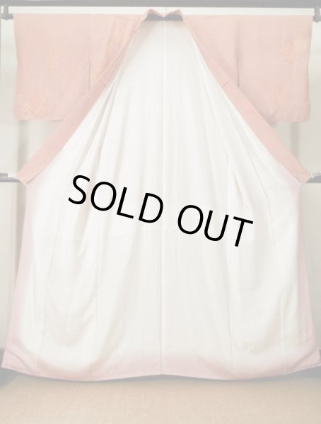 Photo2: K0728P Used Japanese   Red KOMON dyed / Silk. Wave,   (Grade B) (2)