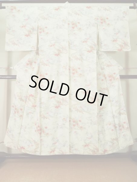 Photo1: K0804M Used Japanese   Off White KOMON dyed / Silk. Chrysanthemum,   (Grade C) (1)