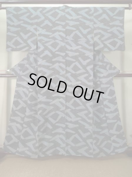 Photo1: K0805C Used Japanese   Black KOMON dyed / Silk. Folding fan,   (Grade C) (1)