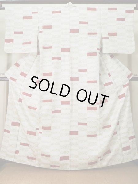 Photo1: K0820B Used Japanese Heather  Cream KOMON dyed / Synthetic. Wave, Base woven: Checkered pattern  (Grade B) (1)