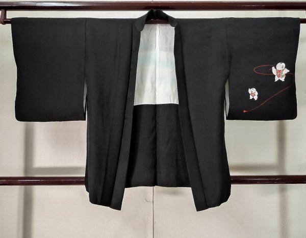 Photo1: Mint K1008X Used Japanese   Black HAORI short jacket / Silk. KUMIHIMO rope with tassels,   (Grade A) (1)