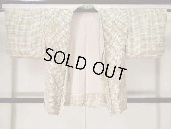 Photo1: K1014L Used Japanese   Cream HAORI short jacket / Silk. Plaid Checks   (Grade C) (1)
