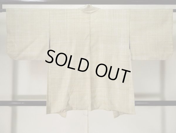 Photo2: K1014L Used Japanese   Cream HAORI short jacket / Silk. Plaid Checks   (Grade C) (2)