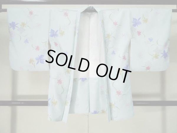 Photo1: K1014X Used Japanese   Pale Blue HAORI short jacket / Synthetic. Flower,   (Grade C) (1)