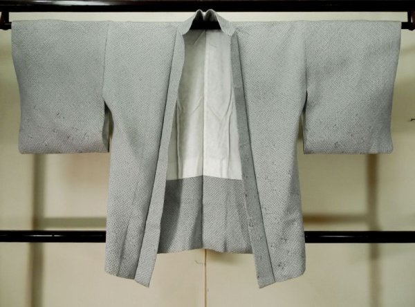 Photo1: K1020H Used Japanese Pale  Pale Blue HAORI short jacket / Silk. Abstract pattern   (Grade C) (1)