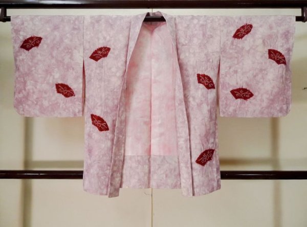 Photo1: K1020S Used Japanese   Pink HAORI short jacket / Synthetic. Folding fan   (Grade C) (1)