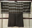 Photo3: K1104I Used Japanese Mens   Brown HAORI short jacket / Silk. Plaid Checks   (Grade C) (3)
