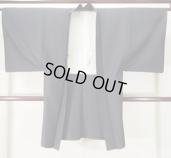 Photo1: K1104W Used Japanese Mens   Black HAORI short jacket / Silk. Stripes   (Grade D) (1)