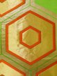 Photo6: K1111J Vintage Japanese Kimono   Green FUKURO OBI sash Tortoise-shell pattern― Hexagonal pattern Silk.  (Grade B) (6)
