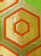 Photo6: K1111J Vintage Japanese Kimono   Green FUKURO OBI sash Tortoise-shell pattern― Hexagonal pattern Silk.  (Grade B) (6)