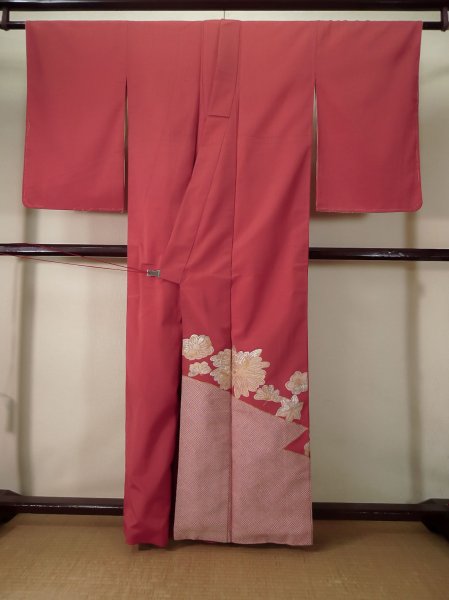 Photo2: K1117I Used Japanese Pale  Orange HOUMONGI formal / Silk. Flower,   (Grade D) (2)
