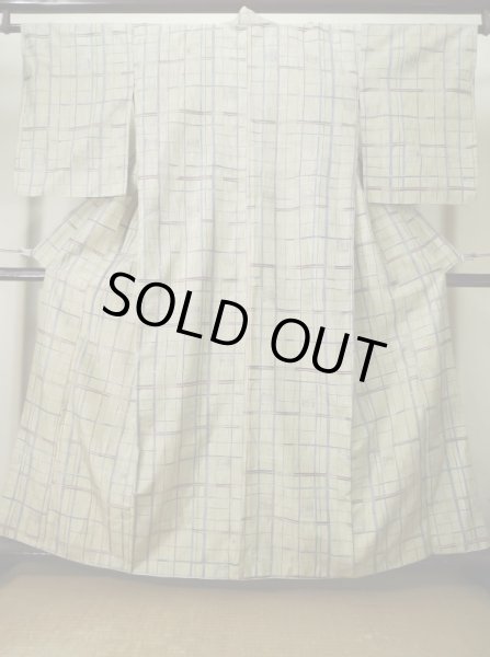 Photo1: K1118A Used Japanese Pale Heather Kahki TSUMUGI pongee / Silk. Plaid Checks,   (Grade B) (1)