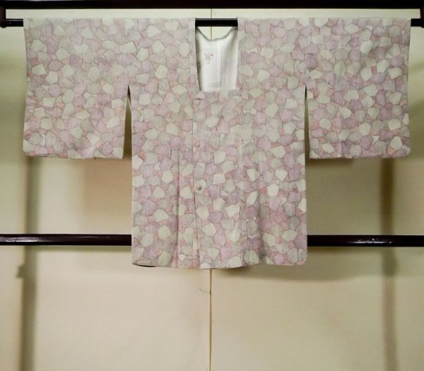 Photo1: K1203F Used Japanese Pale  Multi Color MICHIYUKI outer coat / Silk. Abstract pattern   (Grade B) (1)