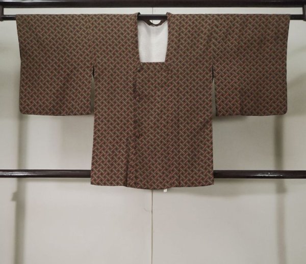 Photo1: Mint K1203R Used Japanese   Brown MICHIYUKI outer coat / Silk. Geometrical pattern   (Grade A) (1)
