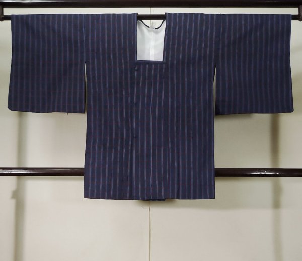 Photo1: K1203Z Used Japanese   Navy Blue MICHIYUKI outer coat / Synthetic. Plaid Checks   (Grade C) (1)