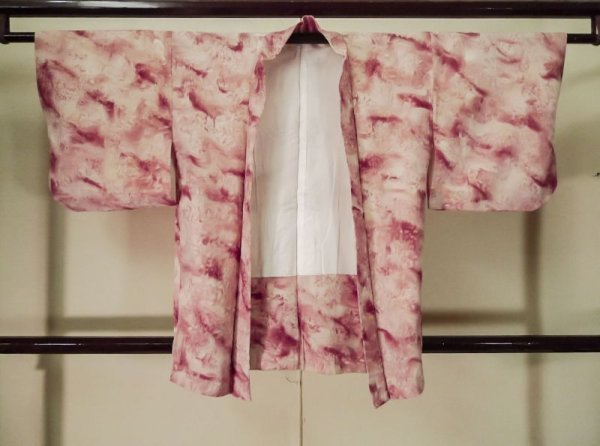 Photo1: K1209V Used Japanese women  Pink HAORI short jacket / Silk. Abstract pattern   (Grade B) (1)