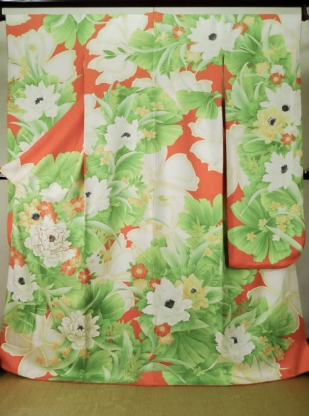 Photo1: K1222C Used Japanese women  Orange FURISODE long-sleeved / Silk. Flower,   (Grade C) (1)