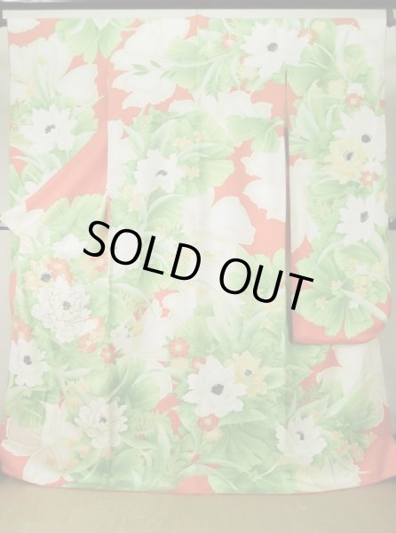 Photo1: K1222C Used Japanese women  Orange FURISODE long-sleeved / Silk. Flower,   (Grade C) (1)